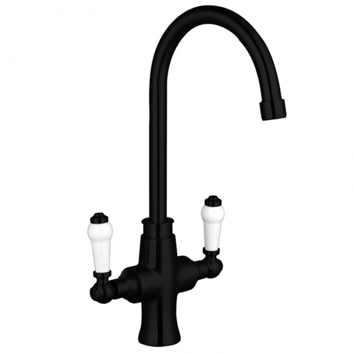 Rura Black Swan Neck Sink Tap - Feature White Levers